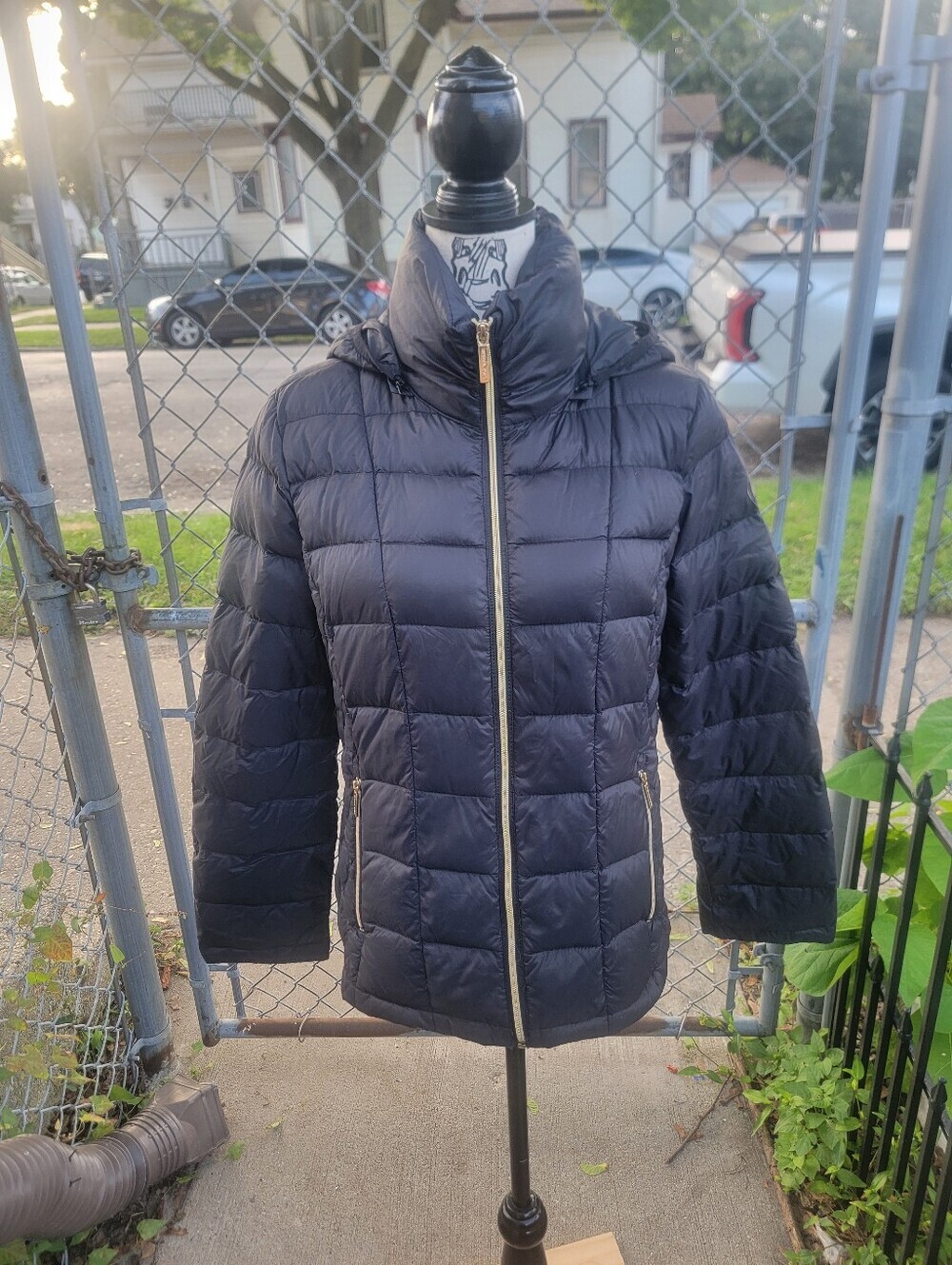 MICHAEL Michael Kors Packable Down Puffer Jacket M Black Gold Removable Hood